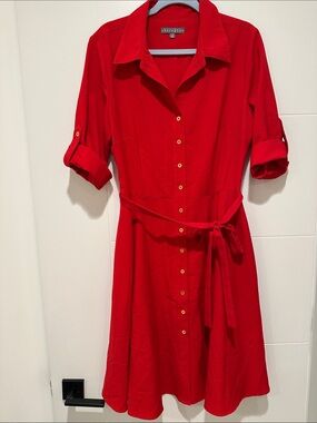 Sharagano Red Button-Front Midi Shirt Dress with Tie Waist